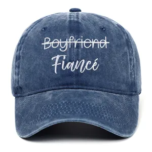 Detailed embroidery of 'Boyfriend Fiancé' on a stylish vintage washed blue baseball cap