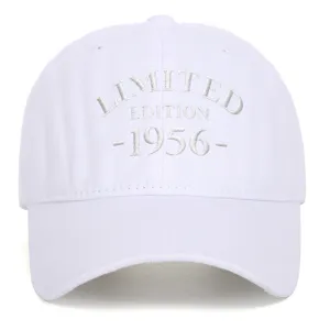 Detail of white baseball cap featuring 'Limited Edition 1956' 3D embroidery design.