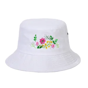 Detailed view of a white bucket hat with colorful floral embroidery and air vents.