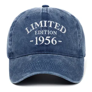 Close-up of vintage washed navy blue baseball cap with white 1956 embroidery detail