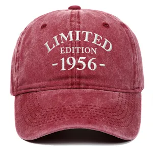 Close-up of 'LIMITED EDITION 1956' embroidery on distressed washed baseball cap