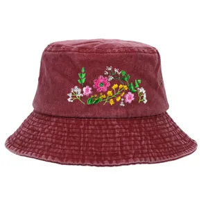 Close-up of washed maroon bucket hat featuring vibrant floral embroidery detail