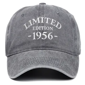 Detailed front view of grey washed cotton cap featuring 1956 white embroidery art