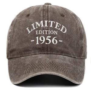 Close-up of brown distressed washed baseball cap with 1956 Limited Edition embroidery