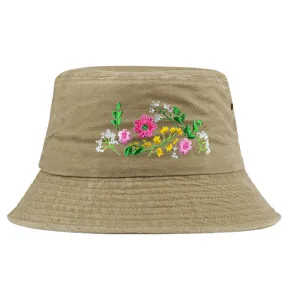 Close-up of a khaki washed vintage bucket hat with intricate colorful flower embroidery