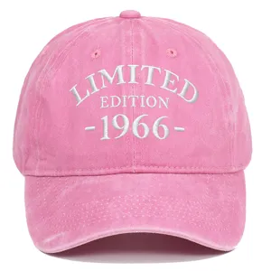 Close-up of white LIMITED EDITION 1966 embroidery on a pink washed baseball cap.