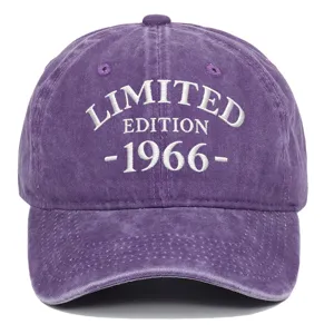 Close-up of white 1966 Limited Edition embroidery on purple washed baseball cap