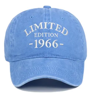 Detail of blue washed cotton baseball cap with white 1966 Limited Edition embroidery