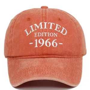 Detailed view of white 'LIMITED EDITION 1966' embroidery on distressed orange cap