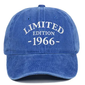 Front detail of blue washed baseball cap with white 1966 Limited Edition embroidery
