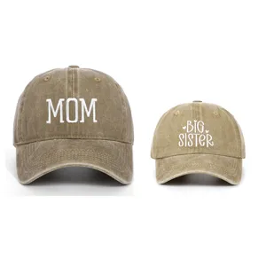 Set di cappelli da baseball genitore-figlio in cotone kaki lavato con ricamo MOM e BIG SISTER