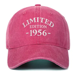 Close-up of Limited Edition 1956 white embroidery on a fuchsia washed baseball cap