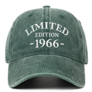 Detailed view of white 'LIMITED EDITION 1966' embroidery on dark green washed cap