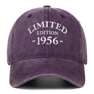 Detailed view of vintage purple washed baseball cap with 1956 Limited Edition embroidery