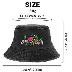 Vintage washed black denim bucket hat with floral embroidery and detailed size information