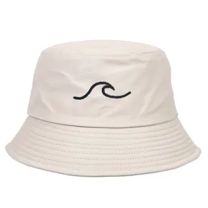 Close-up detail of a beige cotton bucket hat featuring a minimalist black wave embroidery