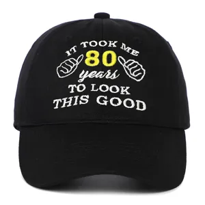 Front view detail of black cotton baseball cap with 80th birthday slogan embroidery