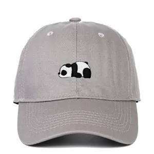 Close-up detail of the cute panda embroidery on a grey cotton soft top baseball cap
