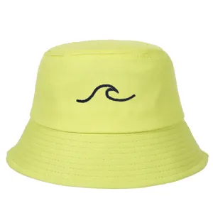 Neon lime green cotton bucket hat featuring black sea wave embroidery for sun protection