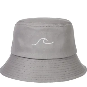 Classic grey cotton bucket hat featuring minimalist white wave embroidery design