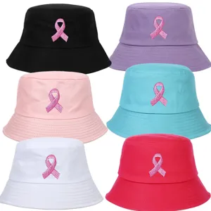 Women's Pink Ribbon Embroidered Cotton Bucket Hat Breast Cancer Awareness Sun Protection Basin Hat Outdoor Fisherman Hat