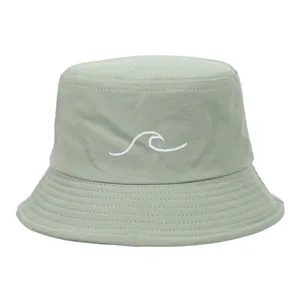 Sage green bucket hat with white wave embroidery detail for outdoor sun protection