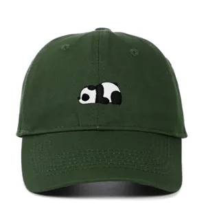 Front view of green baseball cap featuring cute panda embroidery detail