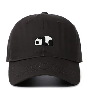 Detailed close-up of a black baseball cap featuring a cute embroidered panda design
