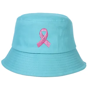 Turquoise bucket hat with pink ribbon embroidery for breast cancer awareness