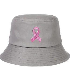 Close-up of a gray bucket hat with pink ribbon breast cancer awareness embroidery