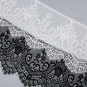 White and black soft eyelash lace trim 20cm wide, perfect for DIY garment decoration and crafts.
