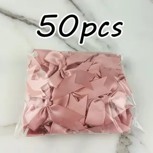 50pcs pink satin ribbon bows, handmade swallowtail bowknots for DIY hair accessories and weddings.