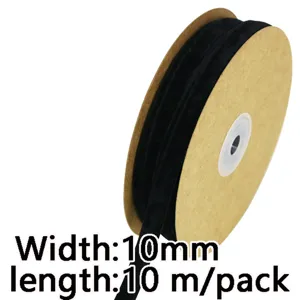 Black velvet ribbon 10mm wide and 10 meters per pack, ideal for gift wrapping and crafts.