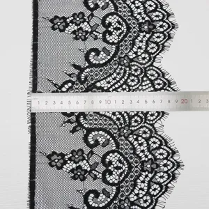 Black eyelash lace trim detail, soft fabric lace ribbon for sewing, DIY garment decor.