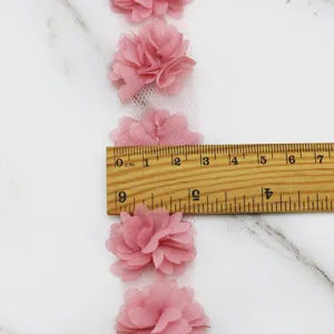 3cm pink chiffon flower lace trim detail, perfect for dress sewing and wedding decoration.
