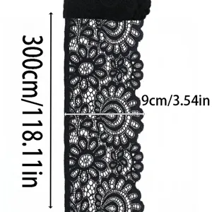 Black elastic lace trim detail shot, featuring delicate floral pattern and clear size specs.
