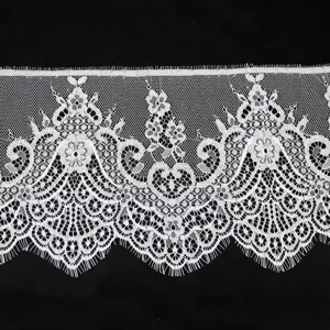 White eyelash lace trim detail, delicate floral mesh fabric for DIY sewing apparel decor