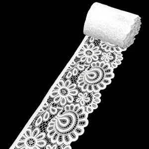 White elastic lace trim detail, delicate floral pattern for sewing and DIY crafts.