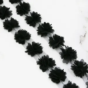 Black lace chiffon flower ribbon trim for sewing garments, dresses, and wedding decor 3cm wide