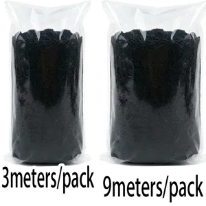 Detail view of black elastic lace trim roll in clear bags, perfect for garment sewing and DIY crafts.
