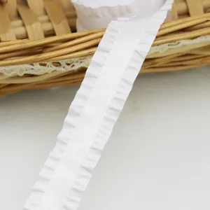 White ruffled satin ribbon 2.2cm wide for gift wrapping, flower bouquet and wedding decoration crafts.