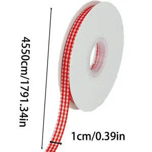 Red and white gingham ribbon roll, 1cm wide and 45m long, perfect for DIY gifts and sewing.