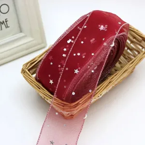 Cinta de organza de 5cm con estrellas plateadas, perfecta para envolver regalos y flores