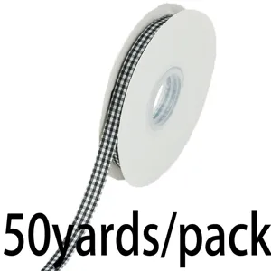 Black and white gingham ribbon roll, 1cm wide, 50 yards per pack for DIY crafts and gifts.