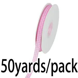 Pink gingham ribbon detail shot, 1cm width, ideal for DIY crafts, sewing, and gift wrapping.