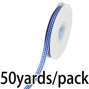 Blue and white gingham ribbon, 1cm wide detail view of the roll for decoration and crafts.