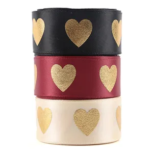 Gouden hart bedrukte stoffen lint set, 2.5cm brede decoratieve lint voor geschenkverpakking knutselen.