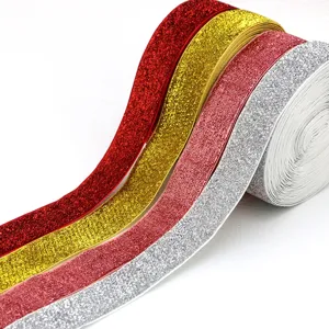2.5cm glitter elastic flocked ribbon roll in multi colors for gift wrapping bow craft packaging.