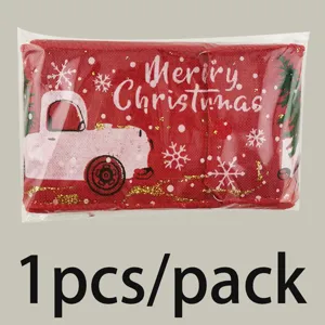 Red Christmas burlap ribbon with cute truck and snowflake patterns for holiday gift wrapping.