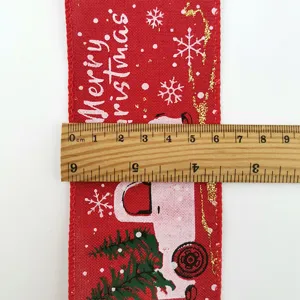 Red Christmas linen ribbon with truck pattern, 6.4cm wide decorative fabric trim for gifts.